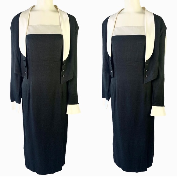 Vintage Dresses & Skirts - VINTAGE SEARS CARLA JANE 2 PCS SET BLACK WHITE DRESS BLAZER SILKY PLUS SIZE 16